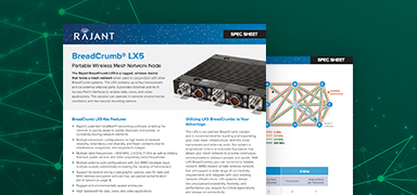 Two Rajant product spec sheets overlap on a green background, featuring the BreedCrumb LX5 wireless mesh network node. The front sheet shows a device image, text, and diagrams, while branding appears at the top.