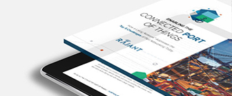 A close-up of a digital tablet displaying a document titled "Enabling the Connected Port of Things," with images of a cargo port and cranes. The layout features modern graphics and blue accents.