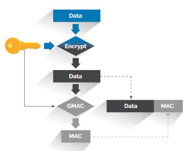 Flowchart showing data encrypted with a key, producing encrypted data, which is then processed by GMAC to generate MAC for authentication. An arrow splits, showing both data and MAC as outputs.