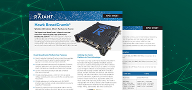 A product spec sheet titled “Hawk BreadCrumb” by Rajant features an image of a black electronic device with ports, set against a blue and white design on a green network-themed background.