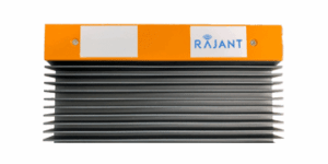 A rectangular industrial device with a yellow top, white labels, and the Rajant logo, featuring silver heat sink fins on the bottom half.