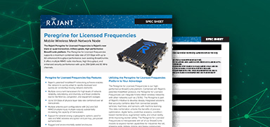 Spec sheet for Rajant's Peregrine for Licensed Frequencies, featuring a wireless mesh network node image and text about product features and advantages. Another partially visible page is in the background.