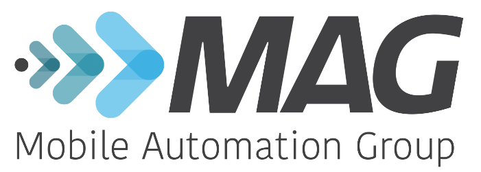 Logo for Mobile Automation Group (MAG) featuring three overlapping blue arrow shapes pointing right, followed by bold black letters "MAG" above the text "Mobile Automation Group".