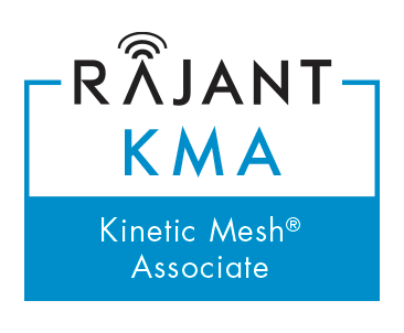 Rajant KMA logo with "Kinetic Mesh® Associate" written below in a blue-bordered box. The word "RAJANT" features a wireless signal icon over the letter "A.