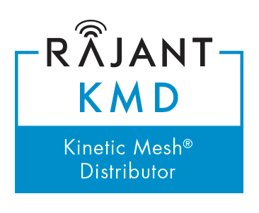 Logo with the text "Rajant KMD Kinetic Mesh® Distributor" in black and blue on a black background, with a wireless signal icon above the letter "A" in "Rajant.