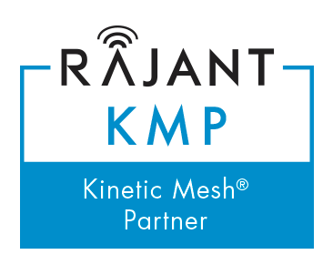 Rajant Kinetic Mesh Partner logo, featuring the text "Rajant KMP Kinetic Mesh Partner" in black and blue on a black background with blue bordering lines.