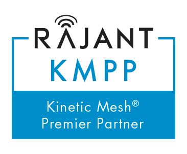 Logo featuring the text "Rajant KMPP Kinetic Mesh Premier Partner" in black and blue, with a wireless symbol above the letter "A" in "Rajant," all set on a black background.