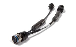 A Y-shaped electrical cable splitter with a large multi-pin circular connector on one end and two smaller cylindrical connectors on the other ends, all attached to black cables with protective sleeves.