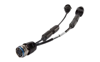 A black electrical cable with a circular multi-pin connector on one end, splitting into two separate wires with cylindrical connectors on each branch, set against a plain white background.