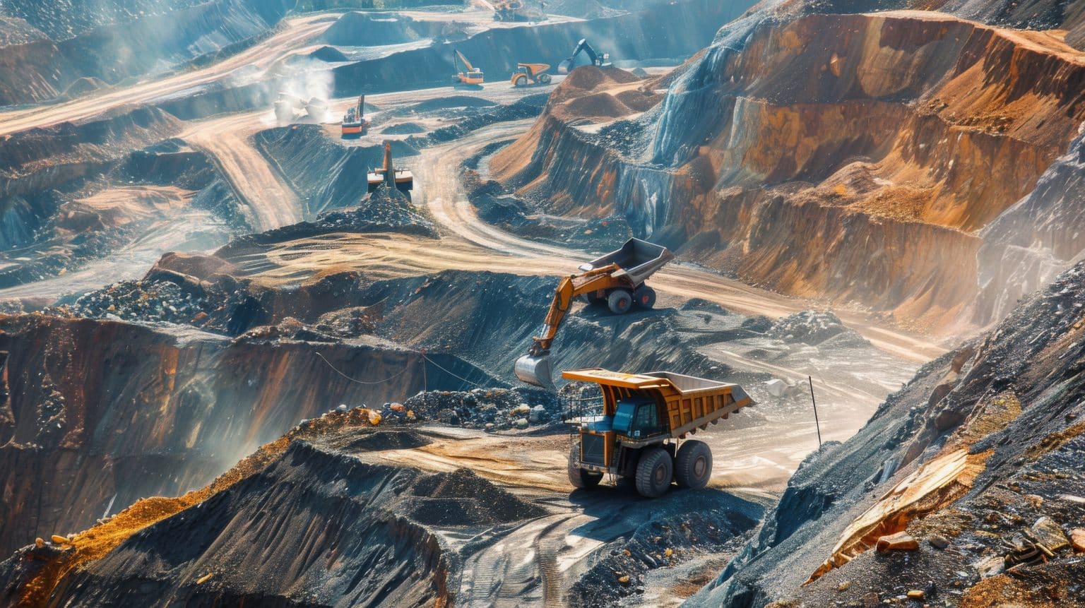 A large open-pit mining operation with heavy machinery, including excavators and dump trucks, working on terraced, rocky slopes under daylight, creating dust and exposed layers of earth.