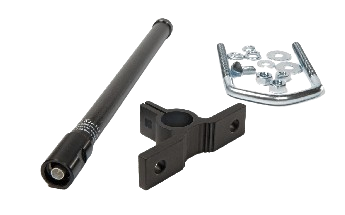 A black antenna rod, a black mounting bracket, and a set of metal bolts, washers, and nuts arranged on a white background.