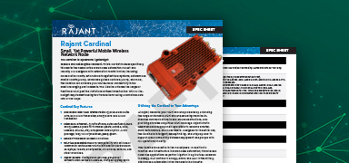 A product sheet for Rajant Cardinal features a red device, technical specifications, and text. Part of another black-and-white document is visible behind it, all set against a green digital network background.