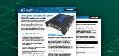 Two overlapping product information sheets about "Peregrine LTE BreadCrumb" by Rajant, featuring a device image and text, on a green background with connected network lines and nodes.