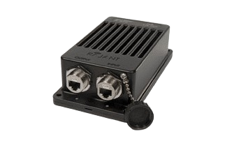 A black industrial electronic device with two Ethernet ports on the front, labeled "ETH1" and "ETH2," and a protective cap attached by a chain. The device has a vented top and mounting plate.