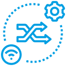 Blue icon with a Wi-Fi symbol, a gear, and two crossing arrows connected by dotted lines, suggesting concepts of connectivity, automation, and network routing.