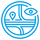 A blue circular icon features intersecting lines resembling a map or road, a location pin on the left, and an eye symbol on the upper right, all outlined in blue on a light background.