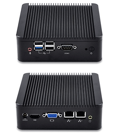 Two views of a compact black mini PC with ridged top, showing multiple ports including USB, VGA, serial, Ethernet, audio jacks, HDMI, and power input on the front and back panels.