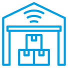 Blue line icon of a warehouse with three stacked boxes inside and a wireless signal symbol above, representing smart or connected warehouse technology.