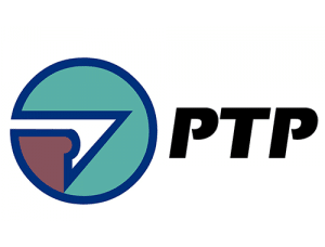 A circular logo with abstract blue, teal, and maroon shapes next to bold, black capital letters "PTP" on a white background.