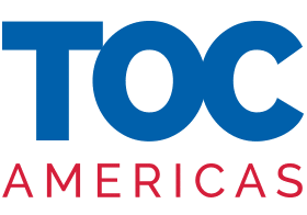 Logo featuring large blue letters "TOC" above the word "AMERICAS" in red capital letters on a light background.