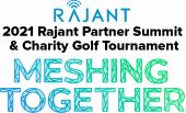 Logo and text promoting the 2021 Rajant Partner Summit & Charity Golf Tournament with the phrase “Meshing Together” in large colorful letters below.