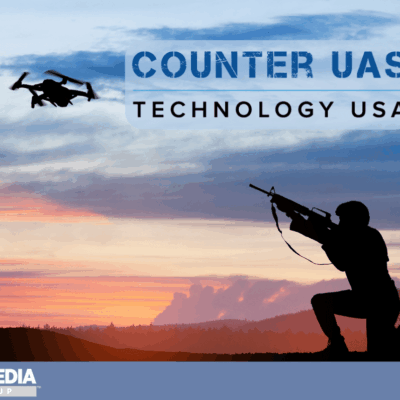 A silhouetted soldier aims a rifle at a flying drone against a colorful sunset sky, with the text "Counter UAS Technology USA" above and "SAE Media Group" in the lower corner.