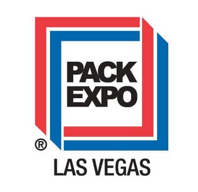 Pack Expo Las Vegas logo featuring overlapping red and blue squares with "PACK EXPO" in bold black letters at the center, and "LAS VEGAS" written below in uppercase letters.