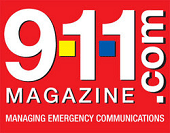 Red logo for 9-1-1 Magazine.com with the text "Managing Emergency Communications" below the magazine name. The digits "9-1-1" are prominently displayed in white with colored dashes between them.