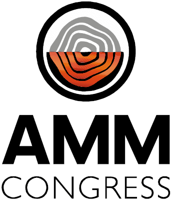 Logo for AMM Congress featuring a circular design with layered, topographic lines in black, grey, and orange tones above the bold text "AMM CONGRESS" in black capital letters.