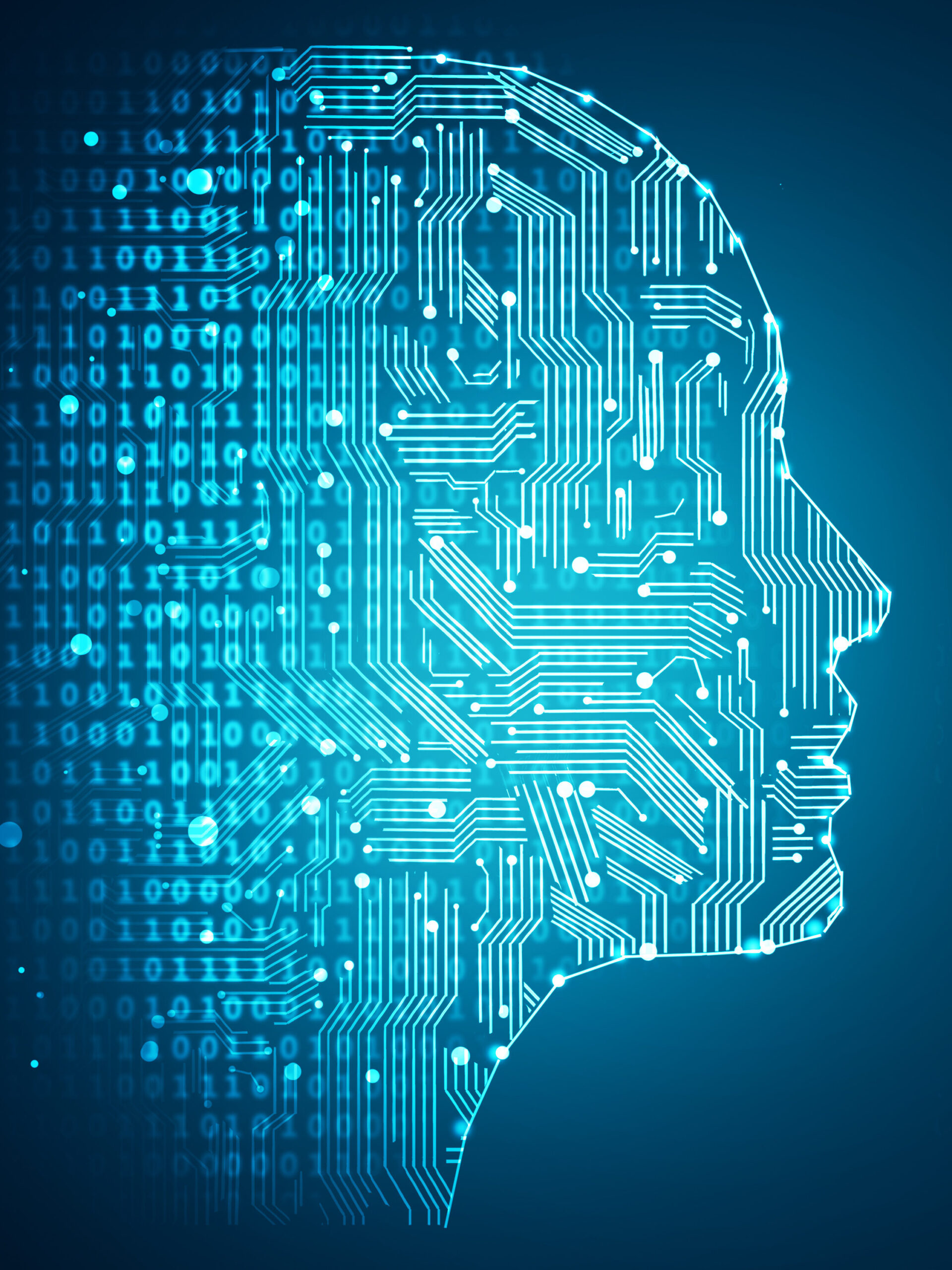 A digital illustration of a human head in profile, outlined with glowing blue circuit lines and binary code, symbolizing artificial intelligence and technology integration.