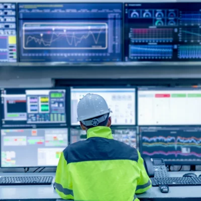 A person wearing a hard hat and high-visibility jacket monitors multiple computer screens displaying data and graphs in a high-tech control room.