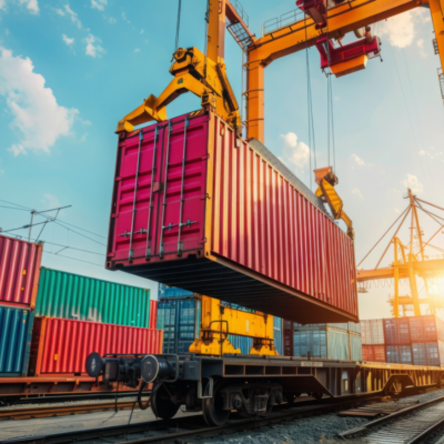 A large crane lifts a red shipping container onto a train at a busy freight terminal, surrounded by stacked colorful containers under a bright sky with the sun shining in the background.