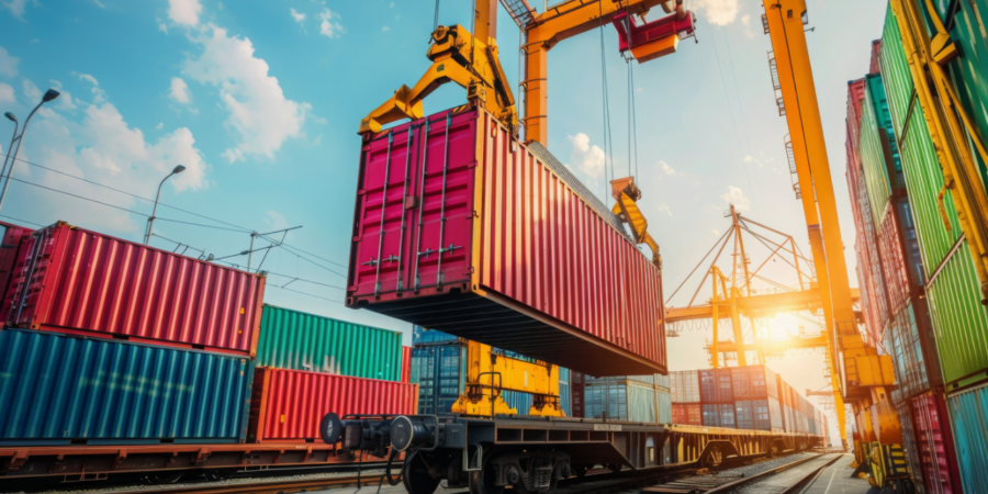 A large crane lifts a red shipping container onto a train at a busy freight terminal, surrounded by stacked colorful containers under a bright sky with the sun shining in the background.