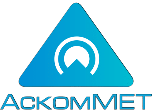A blue triangular logo with a white circular design and upward arrow inside, above the word "ACKOMMET" written in blue capital letters.