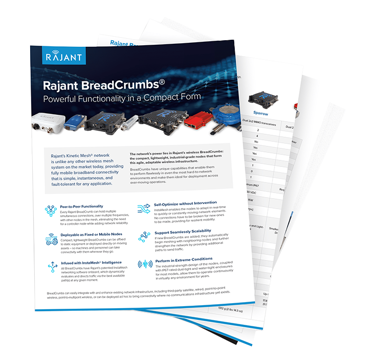 A stack of printed marketing sheets, with the top page titled "Rajant BreadCrumbs® Powerful Functionality in a Compact Form," showing images of hardware devices and icons with descriptive text.