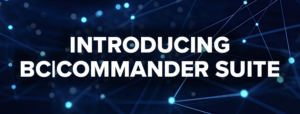 White text reading "INTRODUCING BCICOMMANDER SUITE" appears over a dark blue background with abstract glowing lines and dots, creating a high-tech, digital network effect.