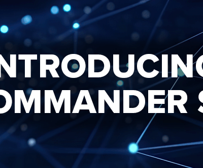 White text reading "INTRODUCING BCICOMMANDER SUITE" appears over a dark blue background with abstract glowing lines and dots, creating a high-tech, digital network effect.