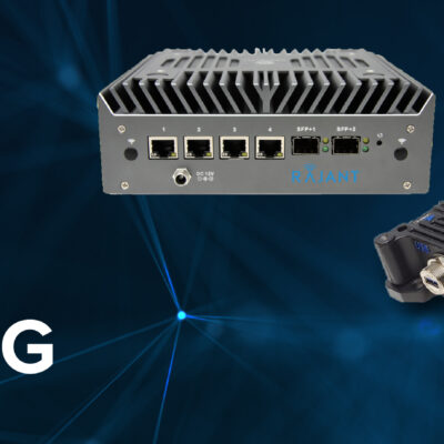 Rajant introduces SLP-1025 and FE1-2450G devices, shown as two rugged network hardware units with multiple ports, on a blue digital network background.
