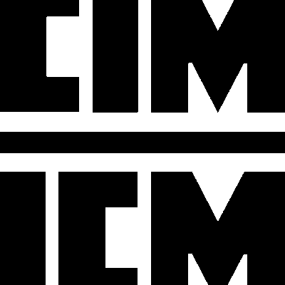 Bold black letters spell "CIM" on the top and "ICM" on the bottom, separated by two thick horizontal black lines, all on a white background. The design is geometric and symmetrical.
