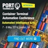 Promotional graphic for the Port Technology Container Terminal Automation Conference, themed "Automated Intelligence & AI," held on 7-8 May 2019 in London, UK. Image shows colorful shipping containers and a "Find Out More" button.