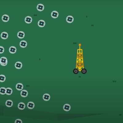 Illustrated image showing two yellow oil derricks on green land, with many small bubbles containing black symbols floating nearby, possibly representing gas or oil particles.