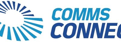 COMMS CONNECT logo with stylized blue radial lines forming a partial circle on the left, and bold blue text “COMMS CONNECT” on the right.