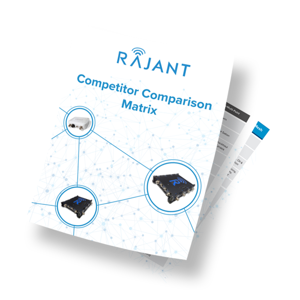 A brochure titled "Rajant Competitor Comparison Matrix" with images of network devices connected by blue lines, placed on top of other partially visible pages with charts and tables.