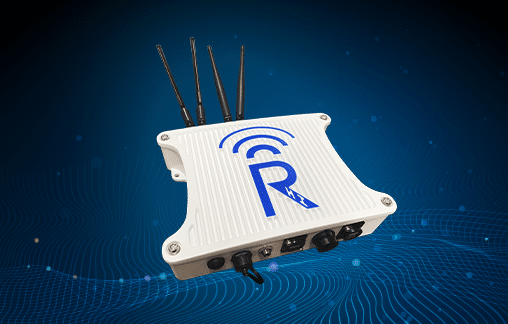 A white wireless router with four antennas and a large blue "R" logo sits against a blue digital abstract background with light wave patterns.