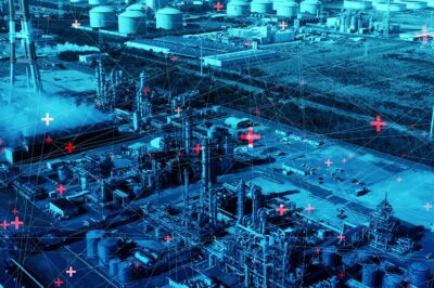 An aerial view of an industrial complex with pipes, tanks, and buildings, overlaid with digital lines and red and blue plus symbols, suggesting technology or data integration in manufacturing.