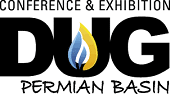Logo for the DUG Permian Basin Conference & Exhibition, featuring large "DUG" text with a blue and yellow flame in the center, and "Permian Basin" written below.