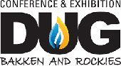 Logo for the DUG Conference & Exhibition Bakken and Rockies, with “DUG” in large black letters and a blue and yellow flame design inside the "U".