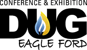 Logo for the DUG Eagle Ford Conference & Exhibition, featuring the words "CONFERENCE & EXHIBITION DUG EAGLE FORD" with a blue and yellow flame in the center of the letter "U" in "DUG".