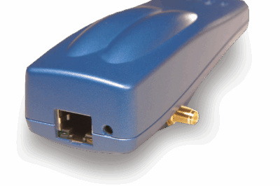 A blue electronic device with an Ethernet port and a small gold connector on the side, shown on a white background.