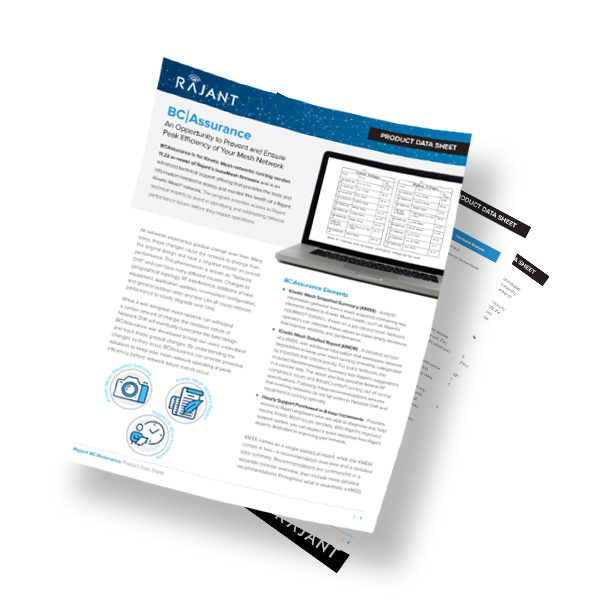 Three angled product data sheets, with the top page titled "BCAssurance" by Rajant, featuring text, icons, and a laptop image displaying a table on its screen. The sheets have a blue and white color scheme.